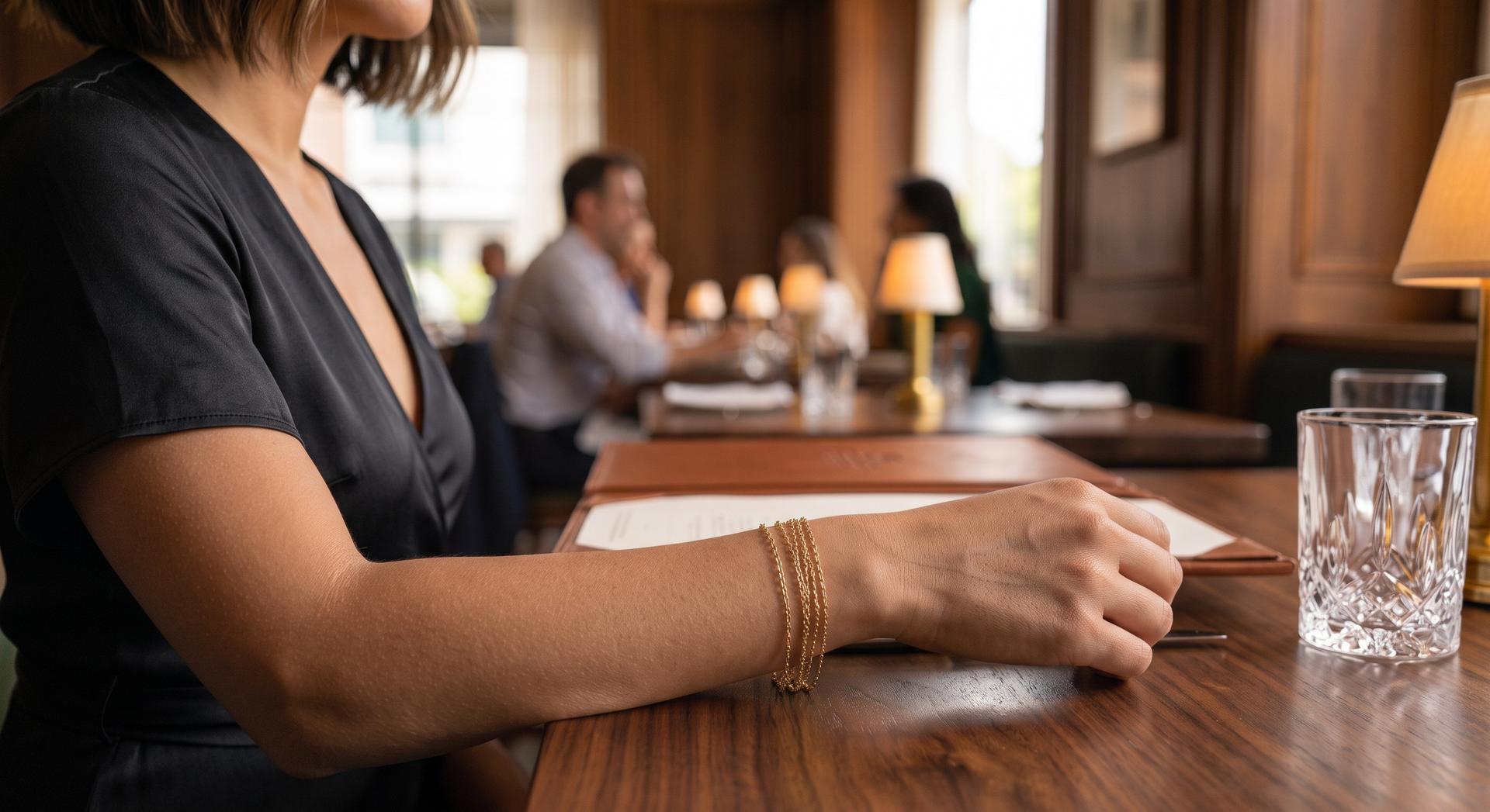 A woman in a black dress at a restaurant table wearing a layered gold permanent bracelet on her wrist.