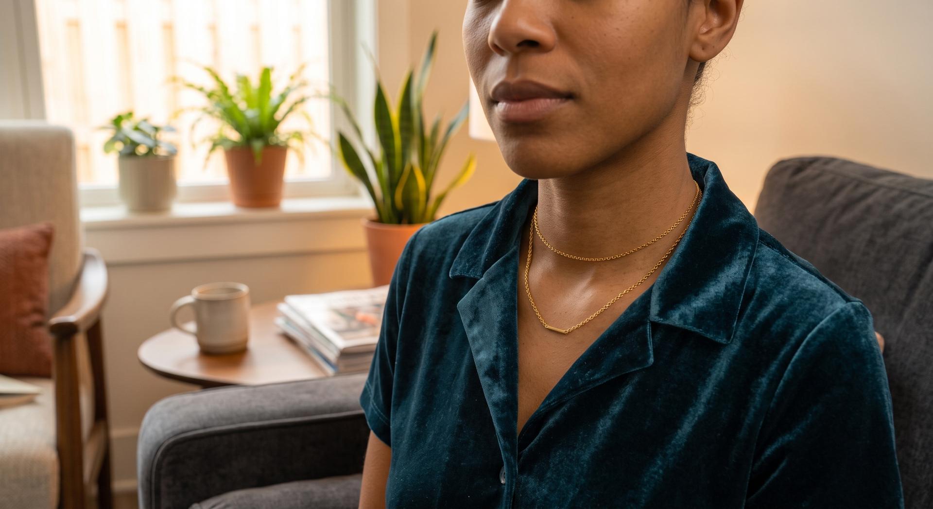 A woman in a teal velvet shirt wearing a fine gold permanent necklace, seated in a sunlit living room.
